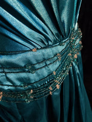 Vintage Prom Dresses Inspo A Line V Neck Blue Satin With Beading For Women Formal Dress N3211