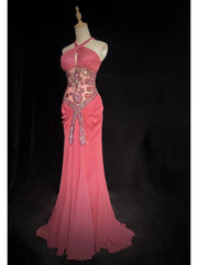 Trendy Prom Dresses Inspiration Mermaid Halter Pink Chiffon Gala With Beading Formal Gowns N3207