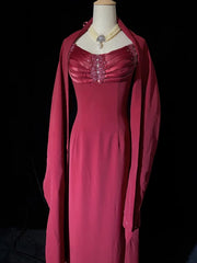 Timeless Prom Dresses A line Spaghetti Strap Burgundy Chiffon With Cape Beading Long Evening Outfits N3203