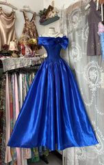 Vintage Ball Gown Spaghetti Straps Royal Blue Satin Formal Gown Long Prom Dresses N1944