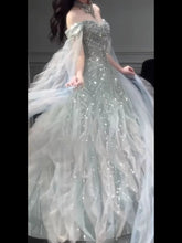 Glittery A line Off The Shoulder With Beads Sleeves Tiered Prom Dresses Inspiration Long Night Outfits 18th Birthday Outfits AB2224