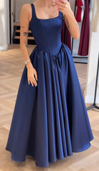 Chic A line Square Neck Navy Blue Satin With Pleated Sleeveless Long Party Women Prom Dresses AB1896