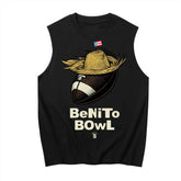 Black sleeveless tee with straw hat, football, and Puerto Rican flag, text BeNiTo BOWL