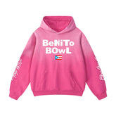 Pink hoodie with 'BeNiTo BOWL' text and Puerto Rican flag, bold streetwear design