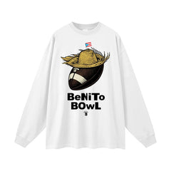 White long-sleeve tee with football, straw hat, and Puerto Rican flag, 'BeNiTo BOWL' text