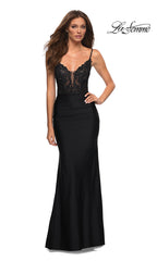 La Femme Long Prom Dress with Sheer Corset Bodice