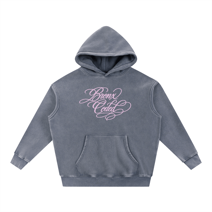 Gray hoodie with pink text on a white background