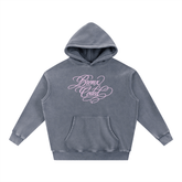 Gray hoodie with pink text on a white background