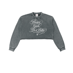 Gray cropped hoodie with 'Bronx Girls Do It Better' script text, NYC streetwear style