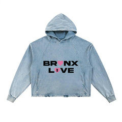 Light blue hoodie with 'Bronx Love' text on a white background