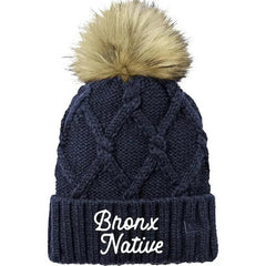Bronx Native Classy Faux Fur Pom Beanie (White Embroidered)