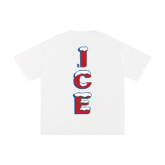 White t-shirt with bold red 'ICE' letters topped with snow, inspired by Bronx streetwear style.