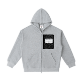 Gray hoodie with a black and white design on a white background