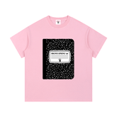 Pink t-shirt with a black and white graphic design on a white background