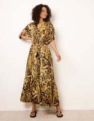 Animal Print Cross Over Channel Sleeve Kimono Maxi Dress