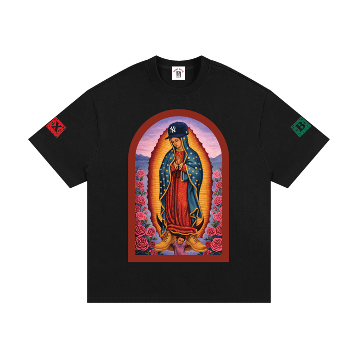 Black t-shirt with a colorful graphic of a religious figure and roses on a white background