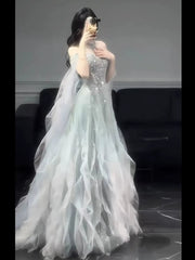 Glittery A line Off The Shoulder With Beads Sleeves Tiered Prom Dresses Inspiration Long Night Outfits 18th Birthday Outfits AB2224