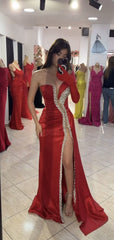 Classy Mermaid One Shoulder Red Satin Slit Long Inspo For Women Girls Formal Party Gowns Prom Dresses AB1795