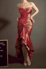 Elegant Spaghetti Strap Mermaid Satin Dark Green Long Prom Dress Gorgeous Evening Dress N1782