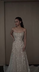 Elegant A line Strapless Champagne Sequin Sleeveless Formal For Women Girls Teens Prom Dresses N2315