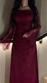 sparkle & shine burgundy allover lace ankle-length pleated sheath evening prom dresses AB1862