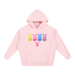 Pink hoodie with colorful bunny graphics on a white background