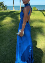 Simple Sheath High Neck Royal Blue Backless Satin Long Prom Formal Dresses N2494