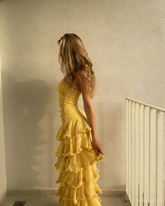 Modest Sheath Strapless Yellow Chiffon Long Prom Dresses Party Dress 20th Birthday Outfits Graduation Dress N1615