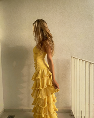 Modest Sheath Strapless Yellow Chiffon Long Prom Dresses Party Dress 20th Birthday Outfits Graduation Dress N1615