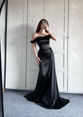 Mermaid Off The Shoulder Black With Pleated Long Formal Fancy Prom Evening Dress Dinner Outfits Party Gowns For Black Girls AB2173