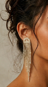 Rhinestone Fringe Drop Earrings - Gold