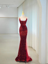 Romantic Mermaid Spaghetti Strap Burgundy Sequin With Slit Formal Dress Long Prom Dresses N2851
