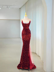 Romantic Mermaid Spaghetti Strap Burgundy Sequin With Slit Formal Dress Long Prom Dresses N2851