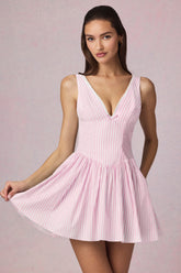 Bow-Detail A-Line Mini Dress in Soft Mauve Stripe