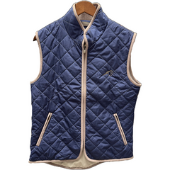 Men's Horn Legend quilted navy vest, tan trim