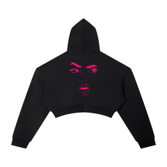 Black cropped hoodie with bold pink face graphic, urban streetwear style