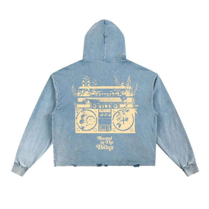 Rooted Boomin' Vintage Washed Frayed-Hem Hoodie by Bronx Native, Rooted in The Bronx hoodies streetwear
