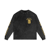 Black long sleeve tee with 'Bronx Native' chest graphic and gold sleeve text, urban streetwear style