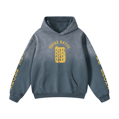 Gray hoodie with yellow text and graphics on a white background