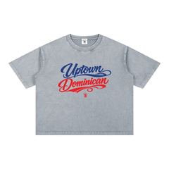 Gray t-shirt with 'Uptown Dominican' text in blue and red on a white background
