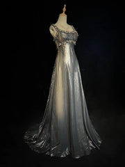 Modest Prom Dresses Mermaid Square Neck Silver Gray With Ruffled Beads Formal Outfits N3691