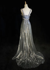 Modest Prom Dresses Mermaid Square Neck Silver Gray With Ruffled Beads Formal Outfits N3691