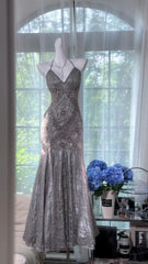Modest Prom Dresses Mermaid Halter Grey With Beading Backless Sleeveless Evening Outfits N3575