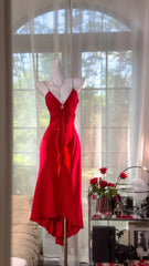 Charming Prom Dresses Mermaid Spaghetti Strap Red Chiffon Mid Length Evening Outfits N3580