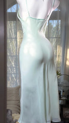 Modest Prom Dresses Sheath Spaghetti Strap Sage Green Chiffon Mid Length Evening Outfits N3520