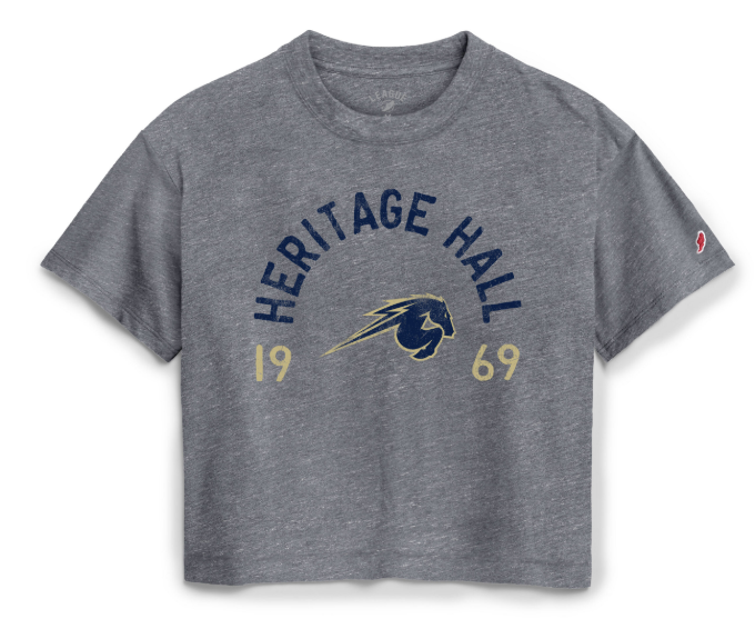 Women's cropped tee, League, heather grey, arch HHall 1969 horse