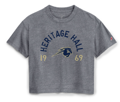 Women's cropped tee, League, heather grey, arch HHall 1969 horse