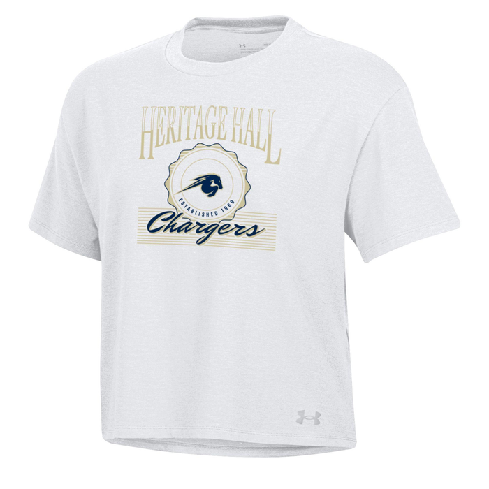 Women’s UA tee, white, retro horse seal HHall Chargers