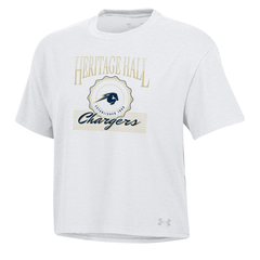 Women’s UA tee, white, retro horse seal HHall Chargers
