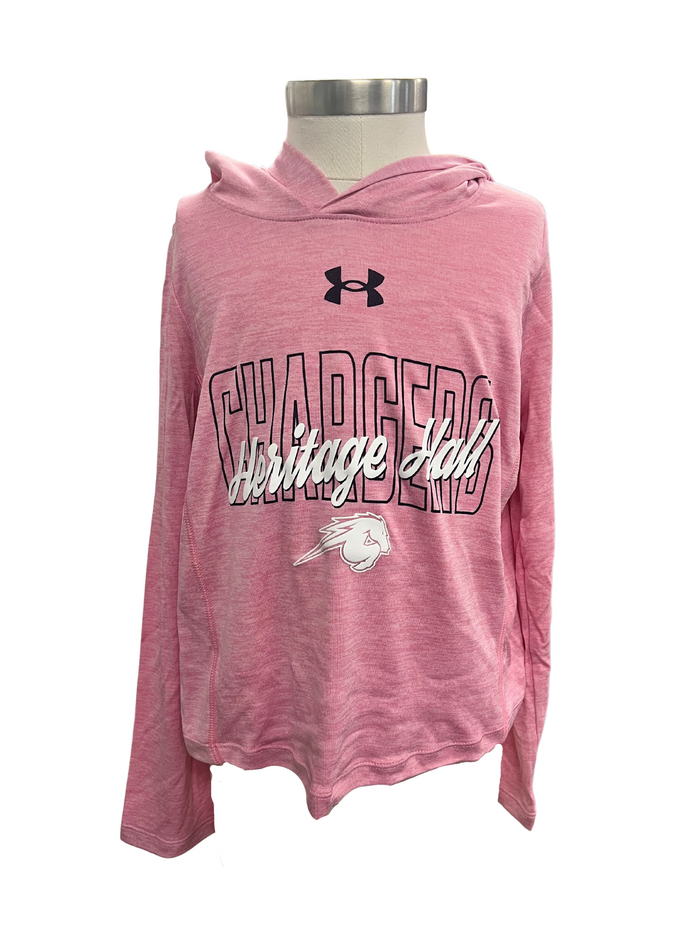 Youth UA long sleeve hoodie, pink CHARGERS, Her Hall script